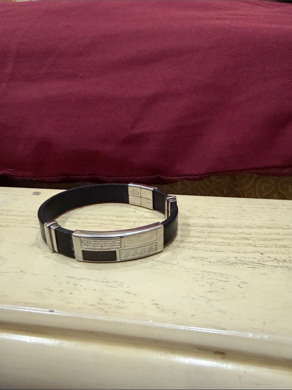 Men's Black Leather and Silver Accent Bracelet